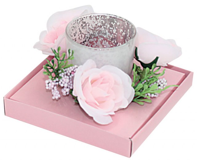 PINK GLASS CANDLE WITH FLOWERS